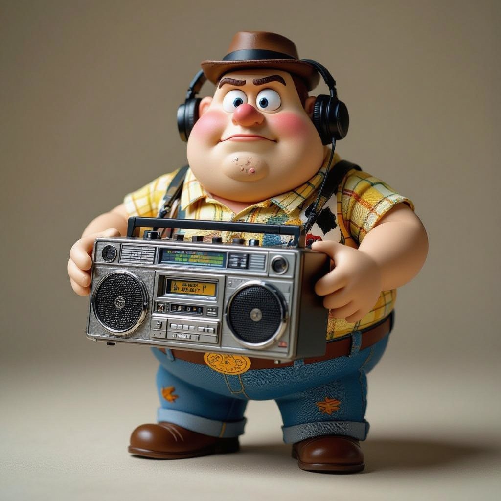 Create a funny fat guy who isnt friendly from New York has a boom box radio , make it Toy Story graphics