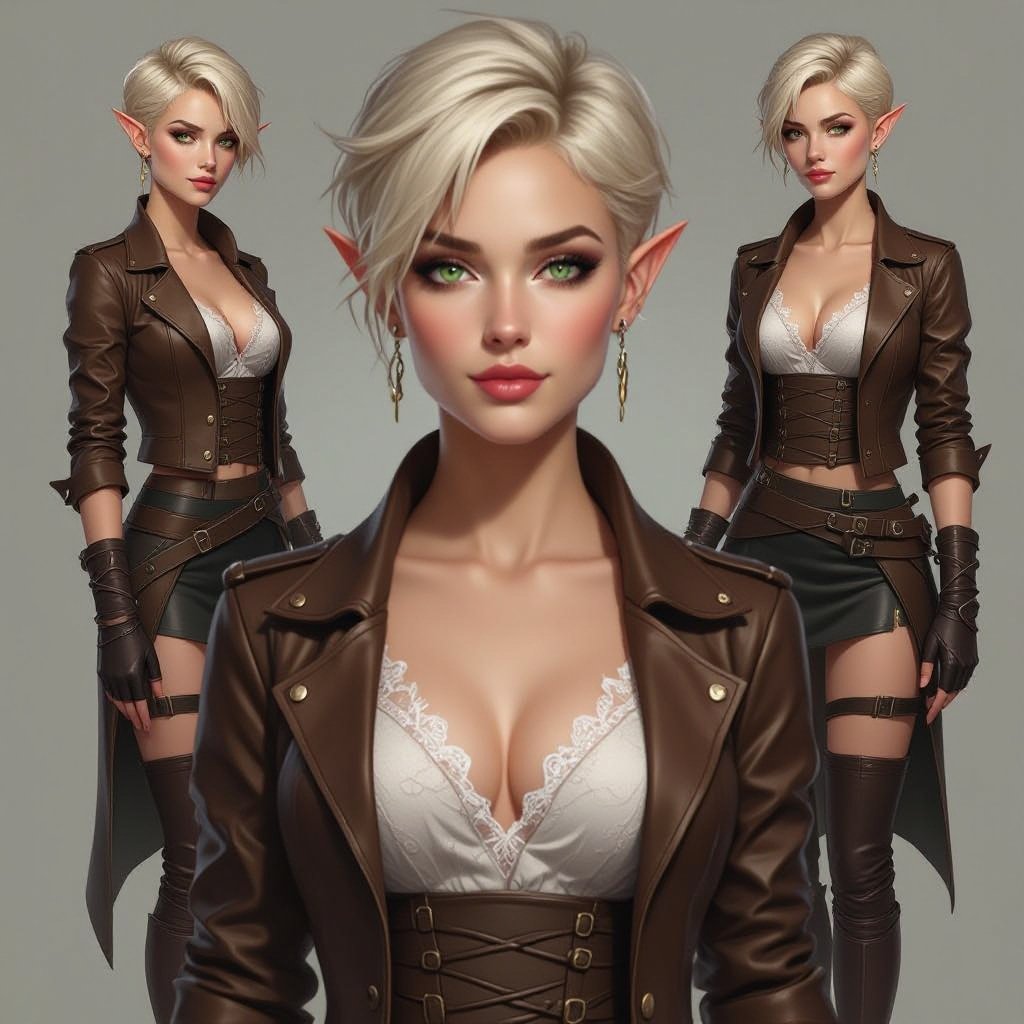 🎨 Ffionna Baelyn — Integrated Lace Underdress Variant  Semi-realistic fantasy portrait of Ffionna Baelyn, a female High Elf rogue assassin with an athletic, slender build. She has a short blonde pixie cut with layered texture and side-swept fringe, fair ivory skin with warm undertones, and bright green eyes with faint gold flecks. Her cropped brown leather jacket is cut at her chest with brass buckles and corset fastenings. Beneath her armor, she wears a fitted silver-white sheer lace underdress — thin, semi-transparent, and close to her body — visible at the neckline, sleeves, and lightly through the upper thighs beneath her leather layers. Her short black-brown leather skirt is solid and structured, with no lace on its surface, designed for movement and precision. The lace acts as a base layer, subtly glowing in soft light. She wears fingerless gloves and thigh-high strapped boots. Lighting is soft and cinematic with a neutral background, full-body to shins, following the 8-heads rule. 