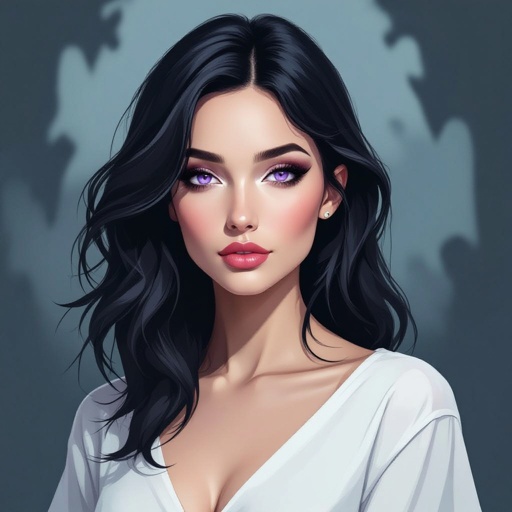 Create chunky mysterious woman jet-black hair is cut sharp to her jawline, and her violet eyes seem to pierce through darkness. A shadowy aura clings to her form, faint shapes shifting and flickering behind her like whispers of another realm.