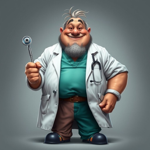 .. create a fat doctor. Who is funny human looking from head to toe. And he always immediately results to surgery for anything even small things. So please be sure to show his whole outfit head to toe. Make him have 1 tooth. Make it more adult humor instead of cartoon humor.