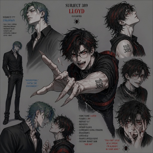Man named venomous,tall, pale, green and blue long hair mysterious. Anime white male, name Lloyd, hair messy long one loose braid, black hair with light red stripes, clean shaven,red eyes, long scary fingers spider fangs, glasses, cold, laugh mockingly, traumatized,was a unwillingly experiment many years before getting rescued, no memory of his past, has power of a spider, poisonous makes spider webs with his hands, can communicate and control spiders, on right arm a print says sub 389, doesn't remember anything from his past,very dangerous. Venomous is trying to get Lloyd to talk about the experiment Lloyd coldly says "I have no answer"