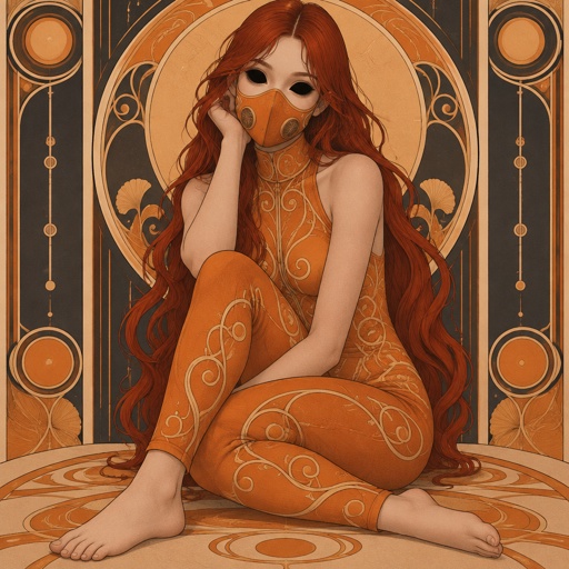Female wearing an orange one piece legs covered sleeveless feet showing, red long hair, completely black eyes, orange breathing mask, 15 years old 