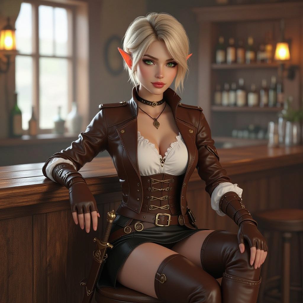 🎨 Prompt — “Ffionna Baelyn: Shallow End Inn (Appearance + Scene Canon)”  A semi-realistic fantasy painting of Ffionna Baelyn, a female High Elf assassin with a blonde pixie cut, fair ivory skin with warm undertones, and sharp green eyes flecked with gold. She has pointed ears and an elegant, athletic build.  She wears a cropped brown leather jacket fitted to her waist with brass buckles and visible stitching detail, over a white sheer-lace blouse with a delicate neckline. A short, black fitted leather skirt sits high on her waist, sleek and practical. Her gloves are fingerless brown leather, and her thigh-high brown boots match in tone, polished with subtle shine and high, narrow heels. Two polished short swords with gold-filigree guards and brown leather-wrapped hilts rest symmetrically at her hips, catching the light faintly.  Ffionna sits at the wooden bar inside the Shallow End Inn, perched on a stool with one leg crossed over the other in a confident, relaxed pose. Her expression is calm, observant, and composed — a professional at rest but ever alert. The scene is dimly lit by warm lanterns and candles reflecting off bottles and swamp water beyond the open shutters. The air feels humid, the wood aged and dark, and a faint mist glows beneath the lanterns.  Lighting should be warm and balanced, highlighting her features and outfit details with natural, painterly texture. Composition: full-body to shins, semi-realistic fantasy art style following the 8-heads rule of proportion.