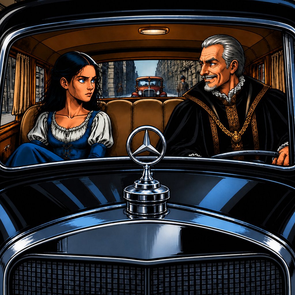 a painting of a man and a woman in a car