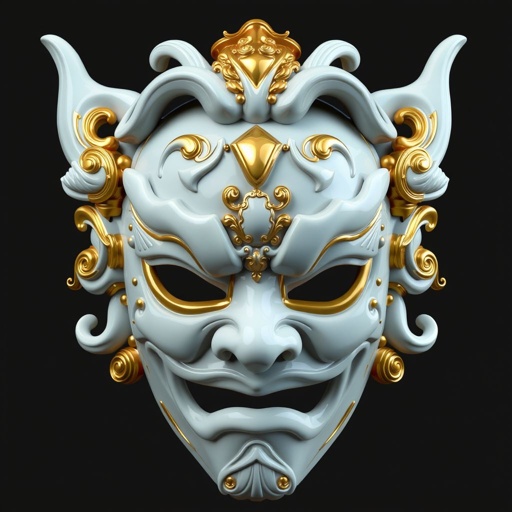 A porcelain war mask with gold accents in the design of a face