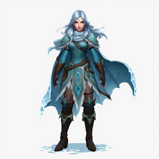 Create a battle woman hero called Alvara the Frostheart. Show full body head to toe including shoes 