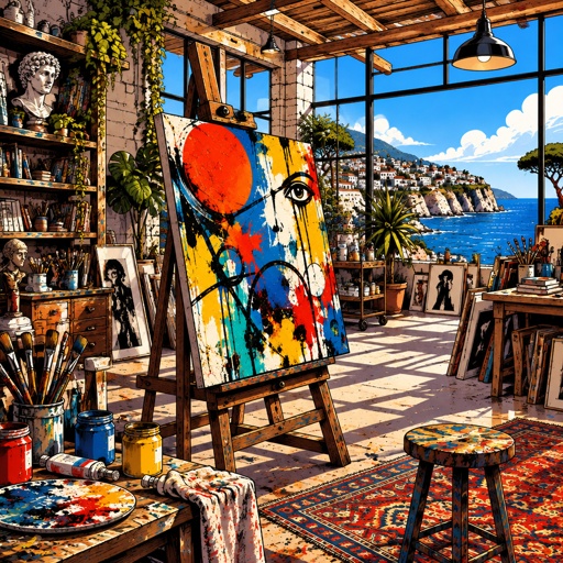 an artist's studio with a view of the ocean