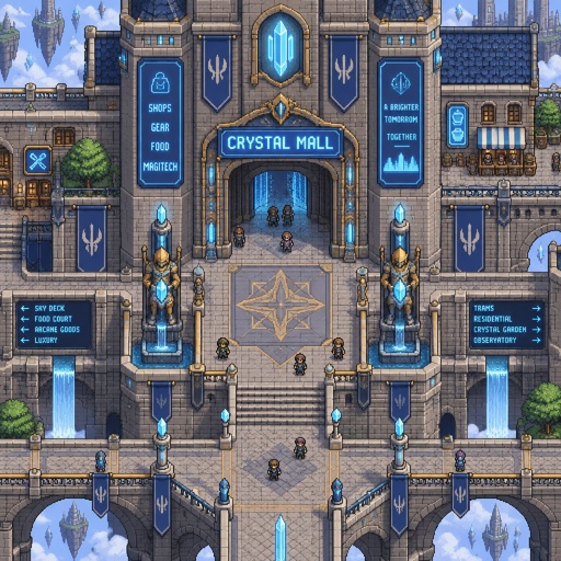 Mall for a futuristic fantasy city game, exterior, top down style