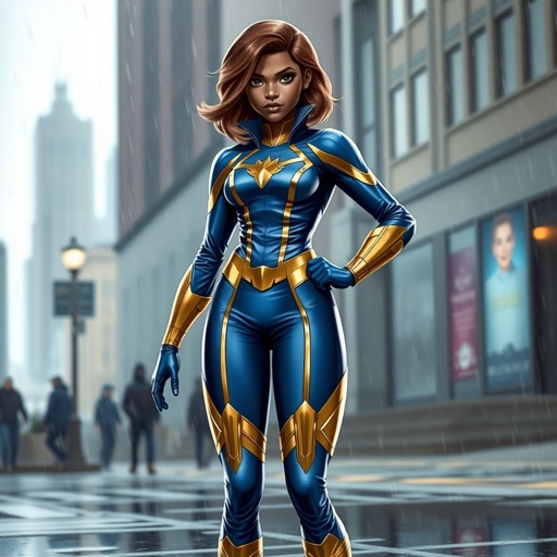 A teenage African American female superhero with shoulder length brown hair with light brown highlights in a side part style wearing a blue gold and silver suit with blue pants and gold boots standing in Philadelphia while it rains 