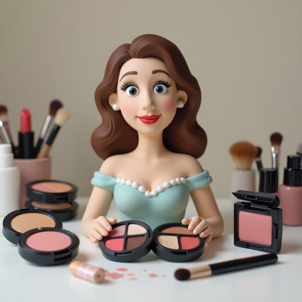 Create a weird looking character showing there whole body head to toe, a lady who loves beauty products