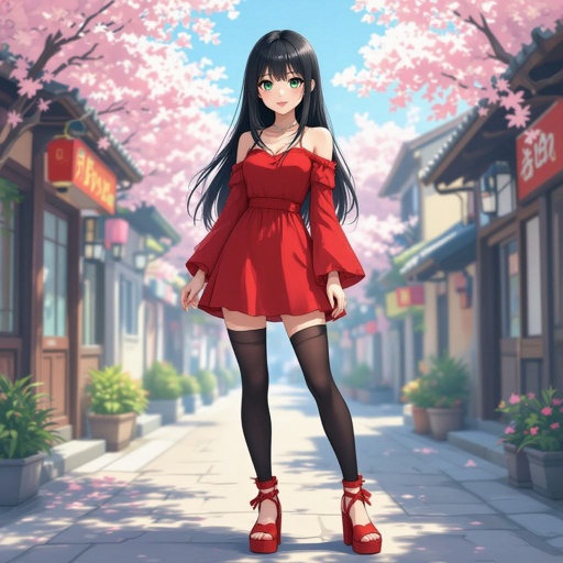 Jade has straight black hair. Green eyes with blue eyeshadow. A red sundress with long, see through sleeves. Black leggings and red platform shoes as she stands up straight 