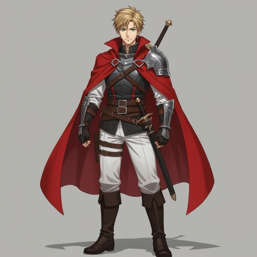 Young Man, leather armor under a red great coat,no cape, no cloak, brown belt, white pants, black knee-high boots, shield on his back, sword sheathed at his hip, sandy colored hair, short hair, green eyes, manwa style, clean shaven, black gloves