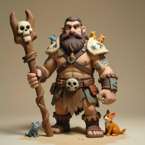 Kael the Beastbound – A rugged, broad-shouldered man with tanned skin and a rough beard, wearing armor made from bone and leather. deep green eyes tattoos of animal tracks spiral down his arms. He carries a massive wooden staff carved with the shapes of beasts, and small creatures often perch on his shoulders or follow at his feet.