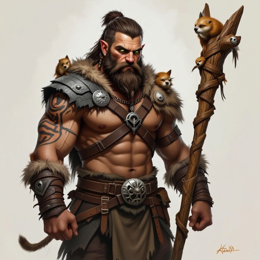 Kael the Beastbound – A rugged, broad-shouldered man with brown skin and a rough beard, wearing armor made from bone and leather. deep green eyes tattoos of animal tracks spiral down his arms. He carries a massive wooden staff carved with the shapes of beasts, and small creatures often perch on his shoulders or follow at his feet.