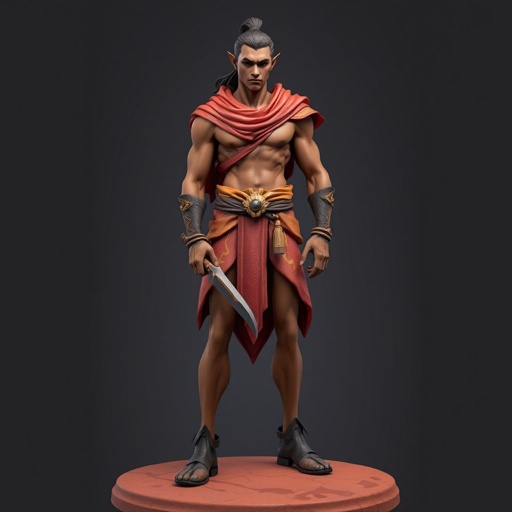 Create handsome hero Rhen the Fire – A lean, muscular man. He wears layered, flowing desert robes dyed in warm reds and golds, with scorch marks where flames have licked them. A curved blade hangs at his hip. Show whole body head to toe including her shoes.