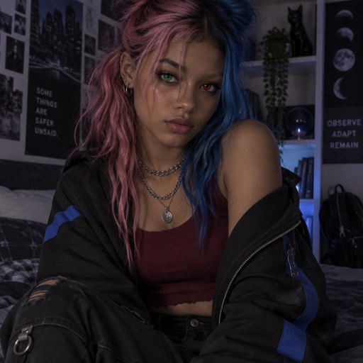 Gender: Female Age: 16 Eyes: Heterochromatic; one dark green, one deep red Quirk: Emotion Perception & Quirk Copying Hair: Split-dyed pink and blue Skin: Warm caramel brown Clothing: Burgundy crop top, black jacket, blue accents, silver chains Species: Human Backstory: Absorbed her twin in the womb, inheriting two quirks. Personality: Quiet, observant, guarded, fiercely protective Likes: Art, music, solitude, rainy nights Dislikes: Crowds, dishonesty, losing control