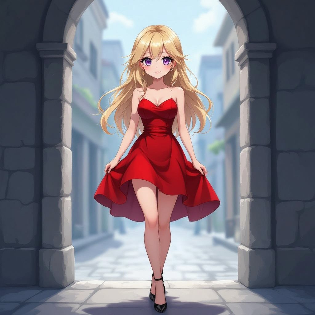 She has blonde hair and purple eyes and she wears a red dress with black high heels 