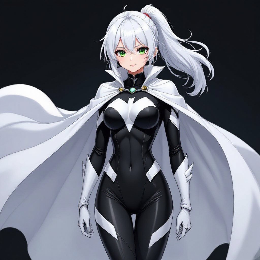 Girl. Superhero. Wearing black and white suit with cape. White hair tied back in a half ponytail. Large Green eyes. Short and strong build.