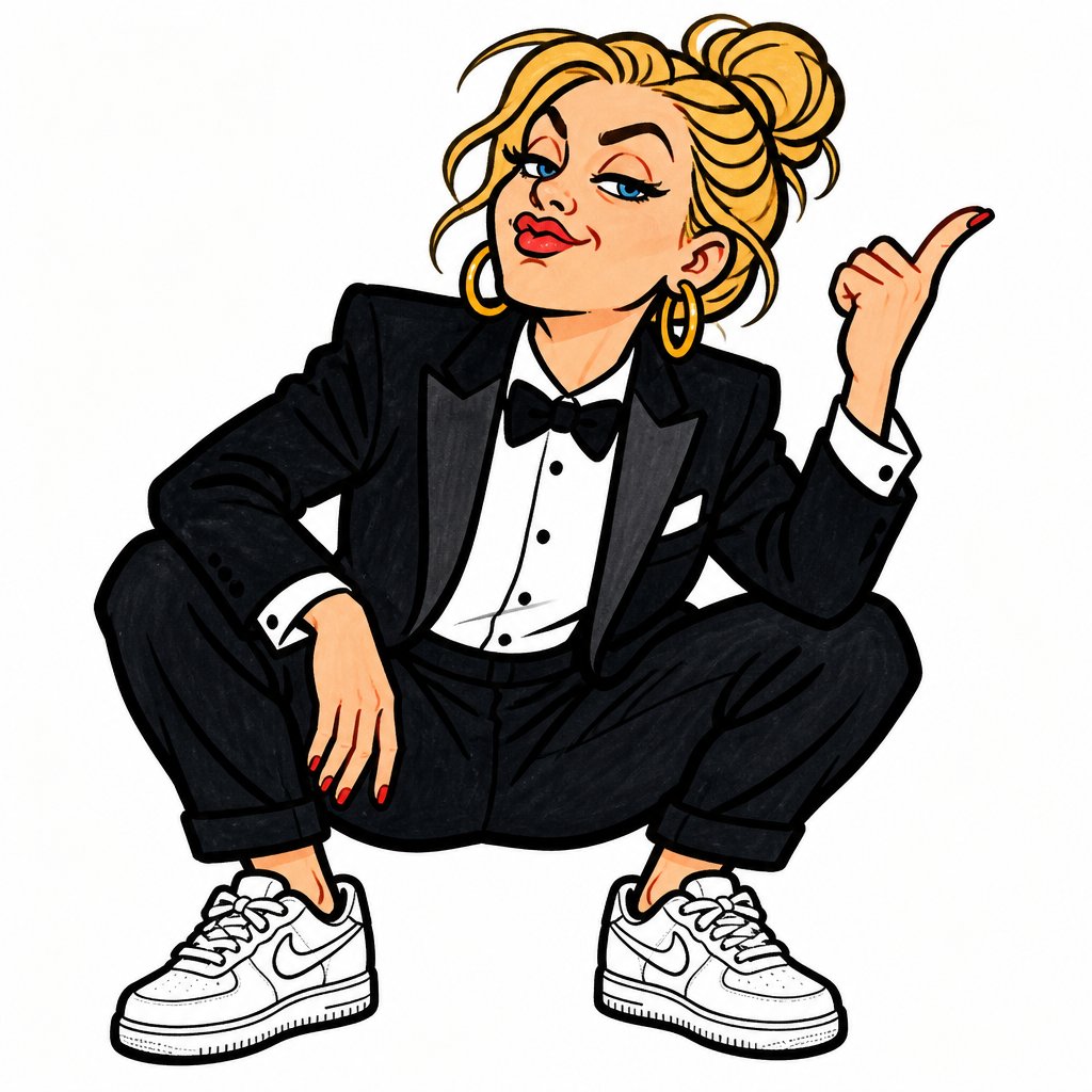 Create a funny white woman with attitude wearing tuxedo and sneakers