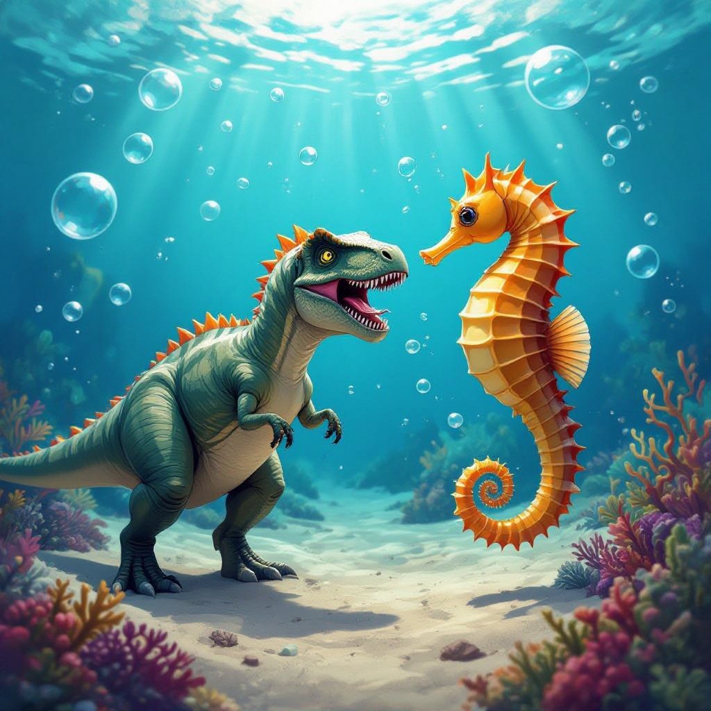 Dinasour fighting a seahorse with bubbles everywhere