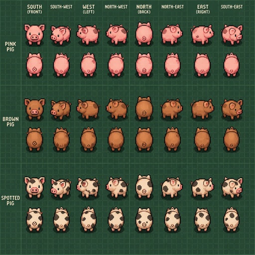 Farm Pig for a fantasy game set in modern times, top-down style, 360, different colors