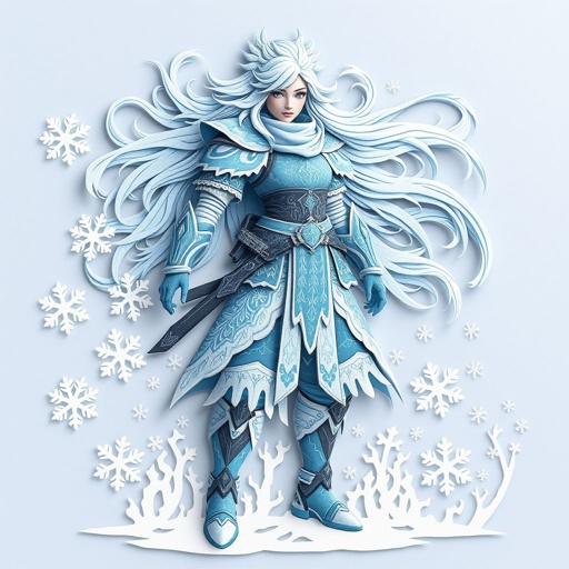 Create a battle woman hero called Alvara the Frostheart. Show full body head to toe including shoes 