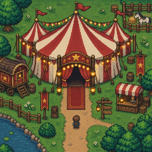 Cozy circus tent for a modern fantasy game, exterior, top down style