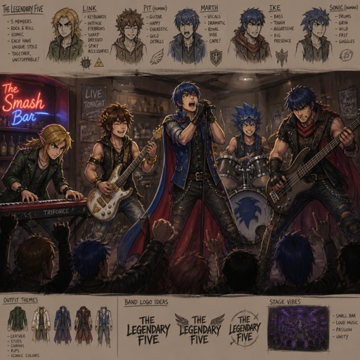 Super smash brothers link from legend of Zelda, pit from kid Icarus, Marth from fire emblem, Ike from fire emblem, Sonic as a human from sonic the hedgehog . There in a band, Marth singer really loud ,pit playing the guitar closing his eyes very happy ,Ike playing the bass with aggressive face expression, Sonic the hedgehog as a human playing the drums grinning,link playing the electric piano smiling intense eyebrows, there singing in a bar, there all wearing rock and roll clothes lots of cheering all aggressively singing awesome rock music 