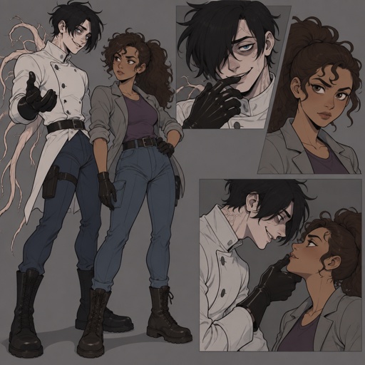 Male, black messy greasy hair, thin shoulder length hair in the back, long hair in the front covering one eye, blue eyes, eye bags, veins under eyes, pale tendrils coming out of back with veins, blue pants, boots, black rubber gloves, short scientist jacket buttoned up, belt with pouch, evil smile, flirting with, Female, tan skin, brown eyes, pointy nose, curly ponytail, curl in the middle of her forehead, grey jacket rolled up sleeves, jeans, boots, purple shirt, gloves