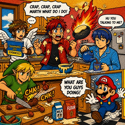 Super smash brothers link from legend of Zelda, pit from kid Icarus, Marth from fire emblem,Roy from fire emblem, there trying to make breakfast Roy in casual clothes accidentally got pancake batter on himself holding frying pan that caught on fire saying “crap,crap,crap marth what do I do!" link cutting sausages on cutting board really fast in casual clothes ,pit trying to read the cookbook but it's upside down and he can’t read in casual clothes, Marth wearing his pajamas making himself some tea with a tired face expression Marth sleepily replies to Roy saying “Hu you talking to me?” Mario runs in the kitchen with a freaked out face expression then says “what are you guys doing!”