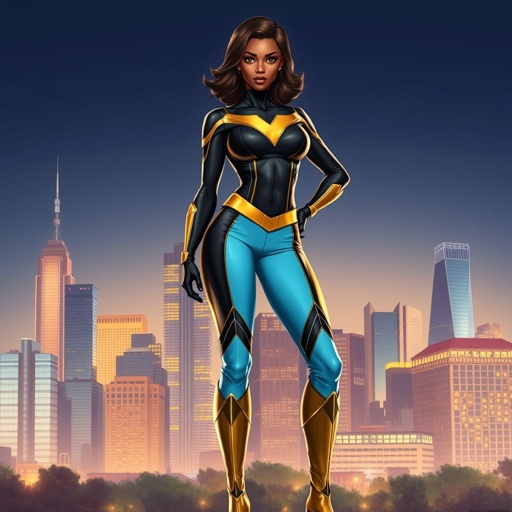 African American female superhero with hair in a shoulder length side part hairstyle with pure Gold Glowing eyes wearing a black light blue and gold accented suit with light blue pants and gold knee length boots with a V with the top half gold and the bottom half black as her chest emblem in Philadelphia