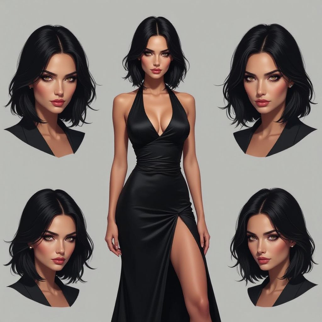 Show character head to toe. Create a mid age mysterious woman jet-black hair is cut sharpand her eyes seem to pierce through darkness. A shadowy aura clings to her form,