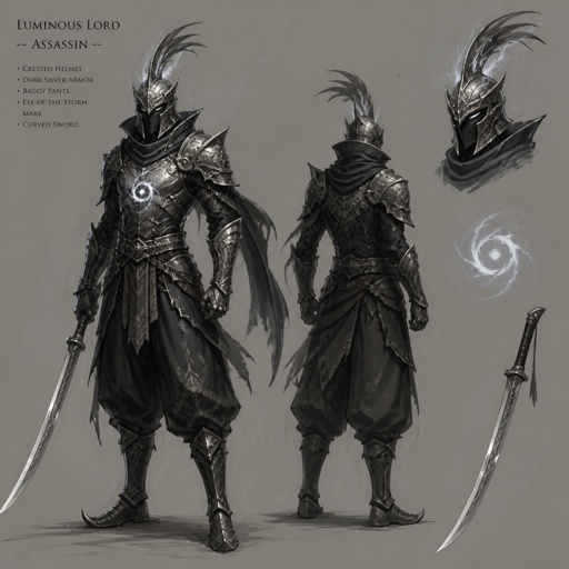 assassin, long curved sword, crested helmet, dark silver armor, luminous lord, baggy pants, eye of the storm mark