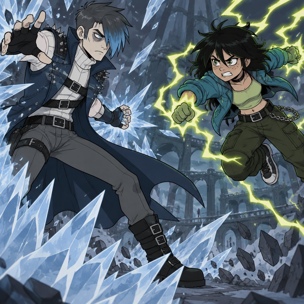 Male, pale, pale blue eyes, eye bags, short dark grey choppy hair with light blue tips hair covering one eye, white turtle neck long sleeves , blue sleeveless short trench coat, long fingerless gloves, grey pants, belts across chest, spiked on shoulders, 35, clean shaven, no emotion, ice powers, Female, teen, freckles, dark green eyes, cyan ray shadow, ear piercings, angry, choppy black neck length messy hair, bangs on one side of face, cyan jacket with shoulder holes, light green crop top, yellow heart tattoo with a blue moon inside on shoulder, baggy pants, belt with dark and light green triangles, gold necklace, lightning powers, fighting the other
