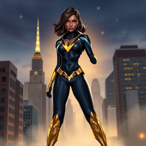 African American female superhero with hair in a shoulder length side part hairstyle with pure Gold Glowing eyes wearing a black blue and gold accented suit with navy blue pants and gold knee length boots with a V with the top half gold and the bottom half black as her chest emblem in Philadelphia