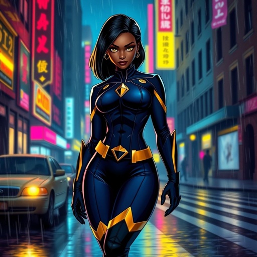 African American female superhero with hair  in a shoulder length side part hairstyle with pure Gold Glowing eyes wearing  a navy blue and gold accented suit with navy blue pants and gold knee length boots with a diamond with the top half gold and the bottom half black as her chest emblem in Philadelphia 
