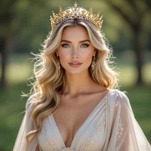 Blonde mom with blue eyes in a dress and a crown 