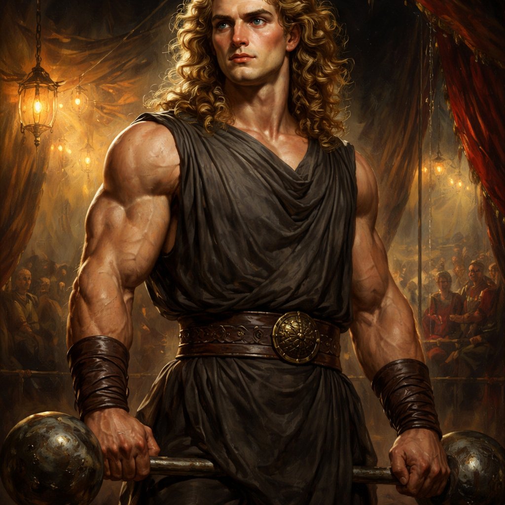 A tall well~proportioned male, so handsome he looks like a Greek god with muscles. With deep-set blue eyes and strong brows, and a peaceful but determined expression on his face. His hairstyle is a thick curly blonde mullet. He works at freak show as a strong man. His outfit consistsed of a Charcoal-toned sleeveless Greek tunic, thick leather belt, leather wristbands/cuffs, brown pants.