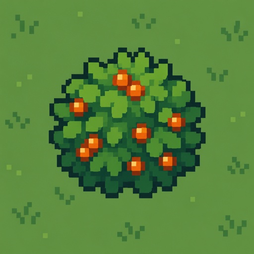 warm orange berries on a bush for a fantasy game set in modern times, top down style