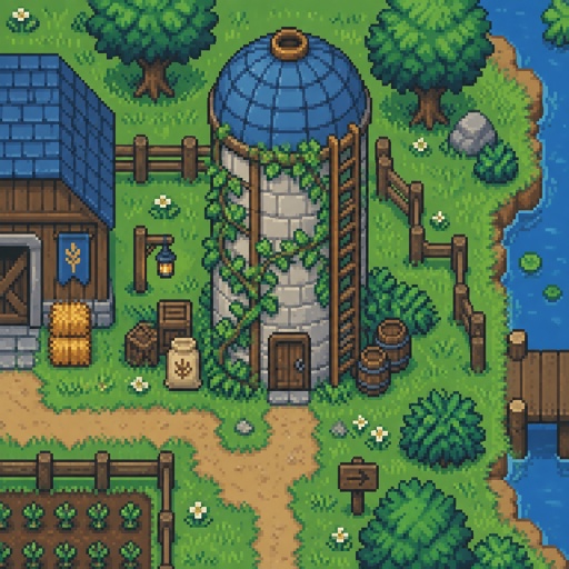 cozy silo vines for a modern fantasy game, exterior, top down style