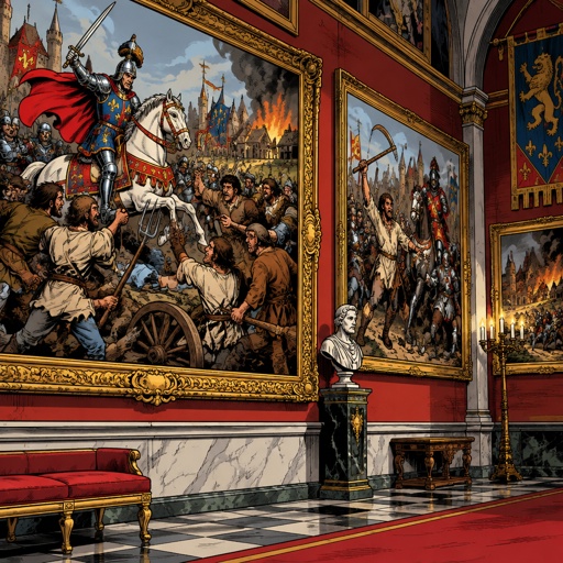 Vivid colors, extreme realism no speech bubble no print dots an interior wall of a classic old art gallery on the wall. Our paintings are furious battles between Nobles and peasants highly colorful, very detailed. This is a very detailed illustration.