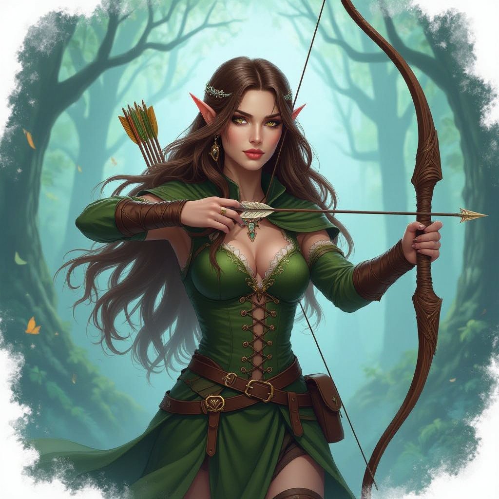 Women tree elf with long brown hair and brown eyes in the woods in a Halloween costume holding a long bow and a dragon 