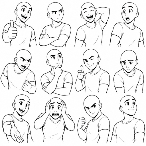 Different face expressions male half body drawing base, dynamic, bald, face expressions head different directions, no color