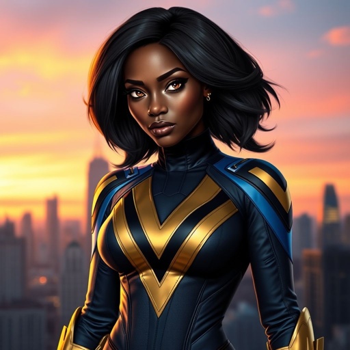 African American female superhero with hair  in a shoulder length side part hairstyle with pure Gold Glowing eyes wearing  a black blue and gold accented suit with navy blue pants and gold knee length boots with a V with the top half gold and the bottom half black as her chest emblem in Philadelphia 