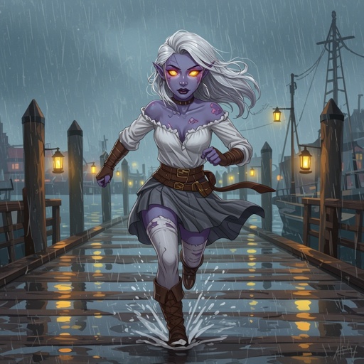A painting of Maerriss Nex, a Half-Drow (Half-Elf) woman inspired by Emma Watson, running across the wet docks of Eendood in the pouring rain. Her skin is light ash-gray with faint violet undertones, and her eyes glow pale molten-gold with gray sclera. Her white-silver hair is loose, tangled, and soaked by wind and rain, whipping behind her.  She wears a pale linen frilled blouse, visibly worn from her escape — the right shoulder seam torn, exposing only her collarbone, while the sleeves are dirt-stained, frayed, and ripped from catching on splintered docks.  Her slate-gray reed-weave skirt follows the high-waisted, thigh-length pleated design from the reference: structured waistband, deep vertical pleats, and natural motion as she runs. The skirt is wet, heavy, and frayed at the edges with small tears at the hem.  Her white thigh-high stockings are muddy and torn at one knee. She is missing her left boot, revealing a bare, wet, muddy foot, while her right boot remains laced, scuffed, and soaked.  Rain glistens on the wooden planks beneath her as brass lanterns cast warm reflections across the puddles and fog. Her expression is fierce and determined, caught mid-stride, her blouse and skirt flaring with the motion, the storm wind and lantern glow giving the scene cinematic energy and realism.   Run it