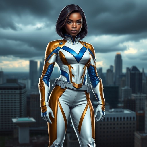 A teenage African American female superhero with hair in a shoulder length side part style wearing a mask wearing a partially leather white and Gold suit with blue accents and a stylized V as her chest emblem a utility belt and silver boots standing in Philadelphia during a cloudy day 