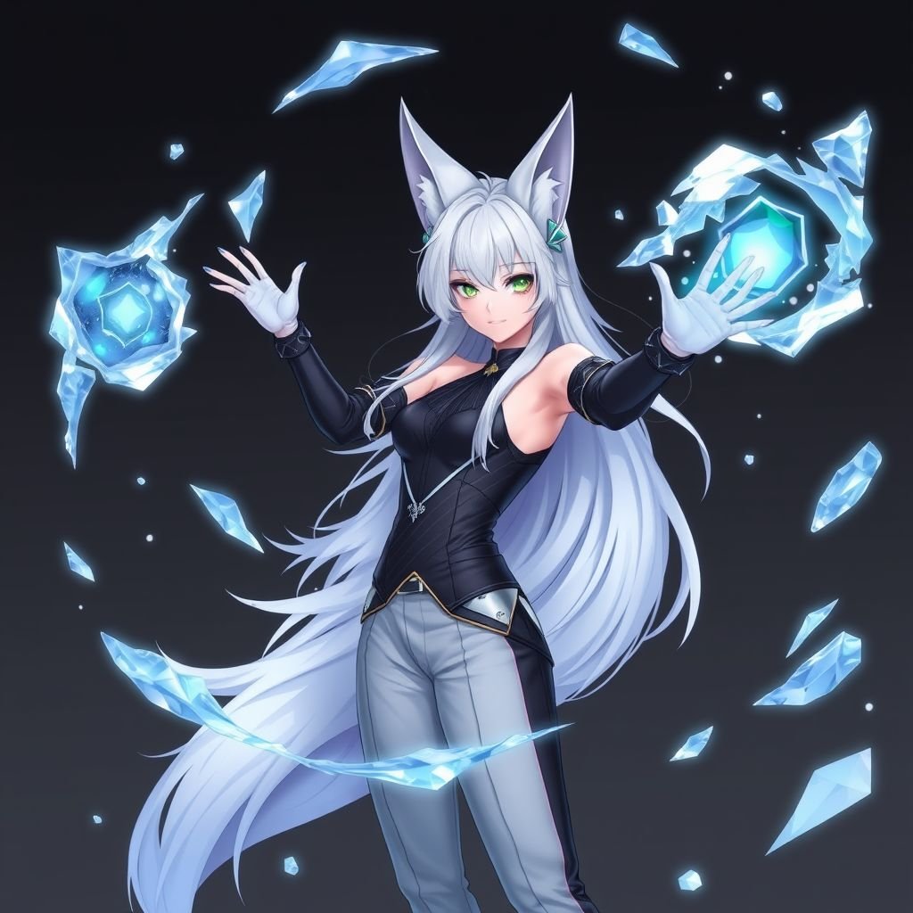 (Genshin Impact based) A pale teenage girl with a Cryo Vision wearing a royal black top and trousers with hair and small fox ears as white as snow with emerald eyes and conducting ice