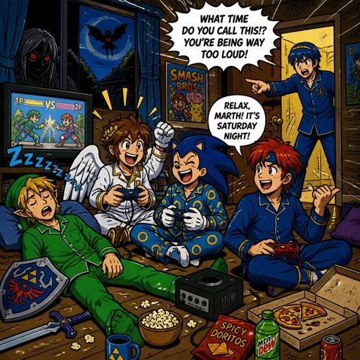 Super smash brothers link from legend of Zelda, pit from kid Icarus, and sonic the hedgehog as a human, Marth from fire emblem, Roy from fire emblem, Roy pit and human sonic all in pjs playing a video game in the living room on the floor laughing and being loud in the middle of the night, link past out snoring, and Marth coming into the living room wearing pjs yelling at them saying "it's 4 o'clock in the morning go to bed!" Then Roy says back to Marth " come on Marth it's a sleep over we're just in joying it as much as possible, put headphones on if it's that bad" Marth looks at Roy with a very angry face, there is dark link peaking through the window and a shadow of rouge the bat from sonic flying far off in the background