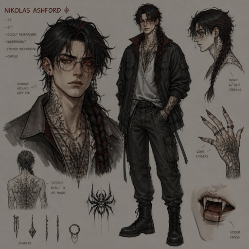 Anime male in his 20s part Asian part white,dark red streaks of black hair messy in a braid clean shaven wearing a loose jacket,is highly skilled,late 20s,tall,migraines,sarcastic ,red glowing eyes,one eye is damaged  serious face has been experiment on,hates people,has power,dangerous hates being told what to do, glasses,loves spiders,earrings tattoos,agrees to help people but on his terms or for a price hard to figure him out doesn’t remember anything from his past before the experiment,long scary fingers,spider fangs, trauma