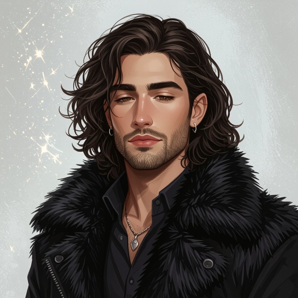 Młody mężczyzna o długich, lokowanych,  ciemnobrązowych, włosach. z krótkim zarostem.  ciemne oczy. Ubrany w czarną futrzaną kurtkę. Wąskie usta. Bez kolczyków. Pyzaty. Przymknięte oczy. Jasna kaukaska karnacja